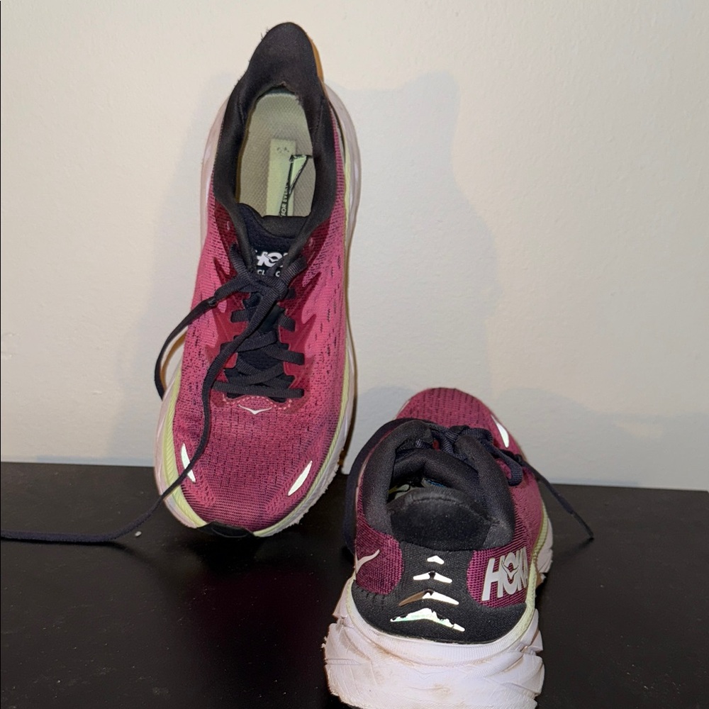 Hoka Women's Berry and Black Athletic Shoes well worn. Clifton 8 - Picture 4 of 5